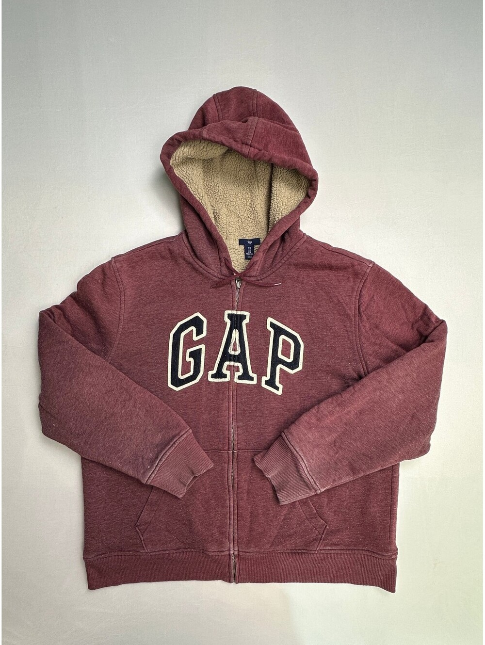 GAP Sherpa Lined Full Zip Hoodie Burgundy Logo Sweatshirt XL